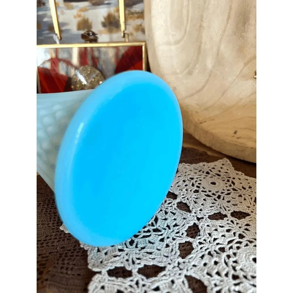 Vintage Fenton Stretch Swung Blue Satin Custard Milk Glass Diamond Pattern Vase